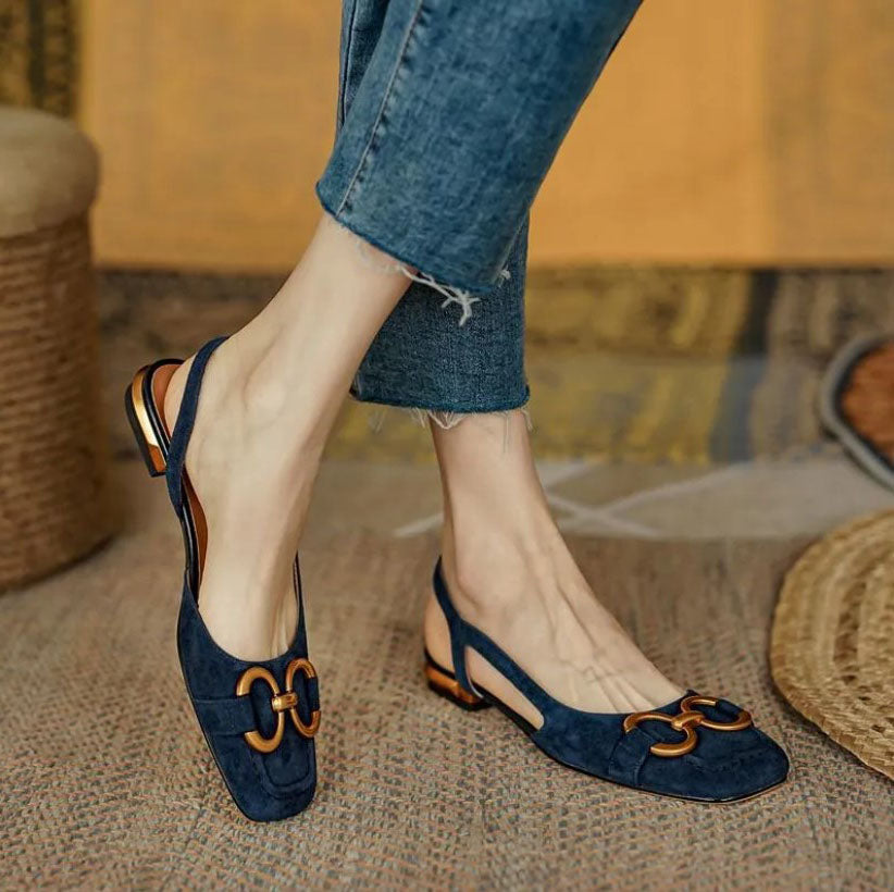 Women's Suede Slingback Loafer Heels – Round Toe Gold Horsebit Block Heel