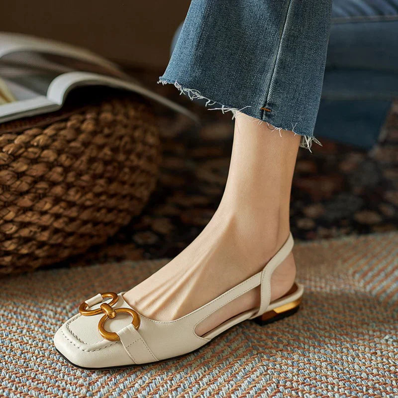 Women's Suede Slingback Loafer Heels – Round Toe Gold Horsebit Block Heel