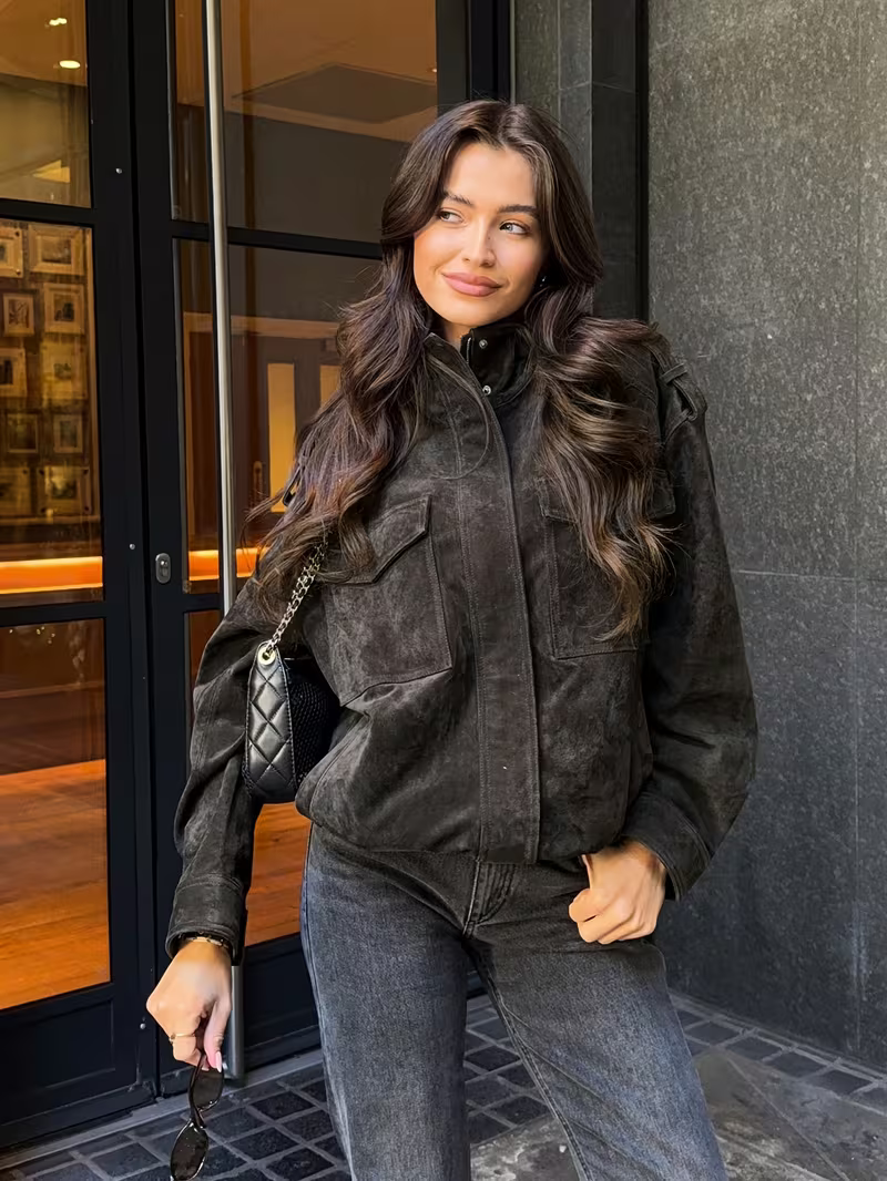Women's Suede Utility Jacket – Stand Collar Zip Front Cargo Pocket