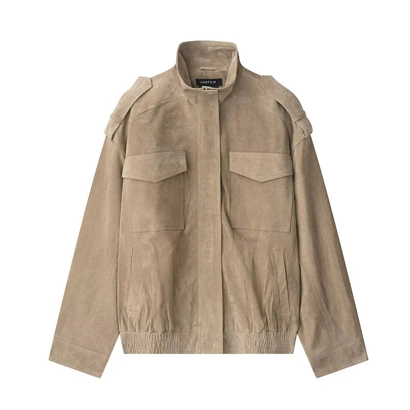 Women's Suede Utility Jacket – Stand Collar Zip Front Cargo Pocket