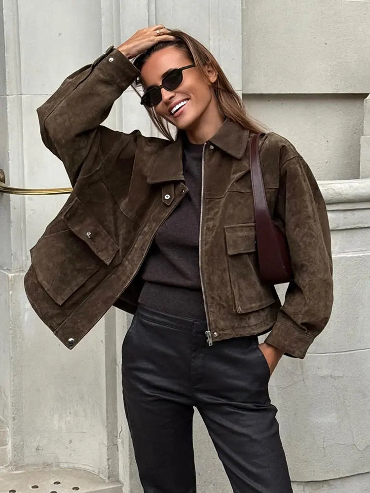 Women's Suede Utility Jacket – Zip Front Turn Down Collar Flap Pocket Casual