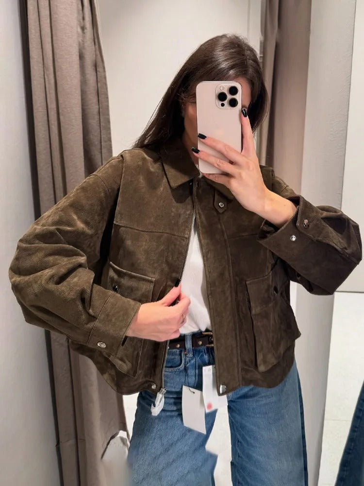 Women's Suede Utility Jacket – Zip Front Turn Down Collar Flap Pocket Casual
