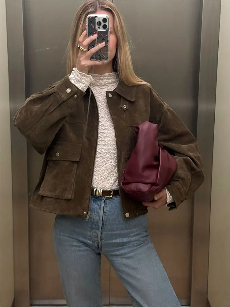 Women's Suede Utility Jacket – Zip Front Turn Down Collar Flap Pocket Casual