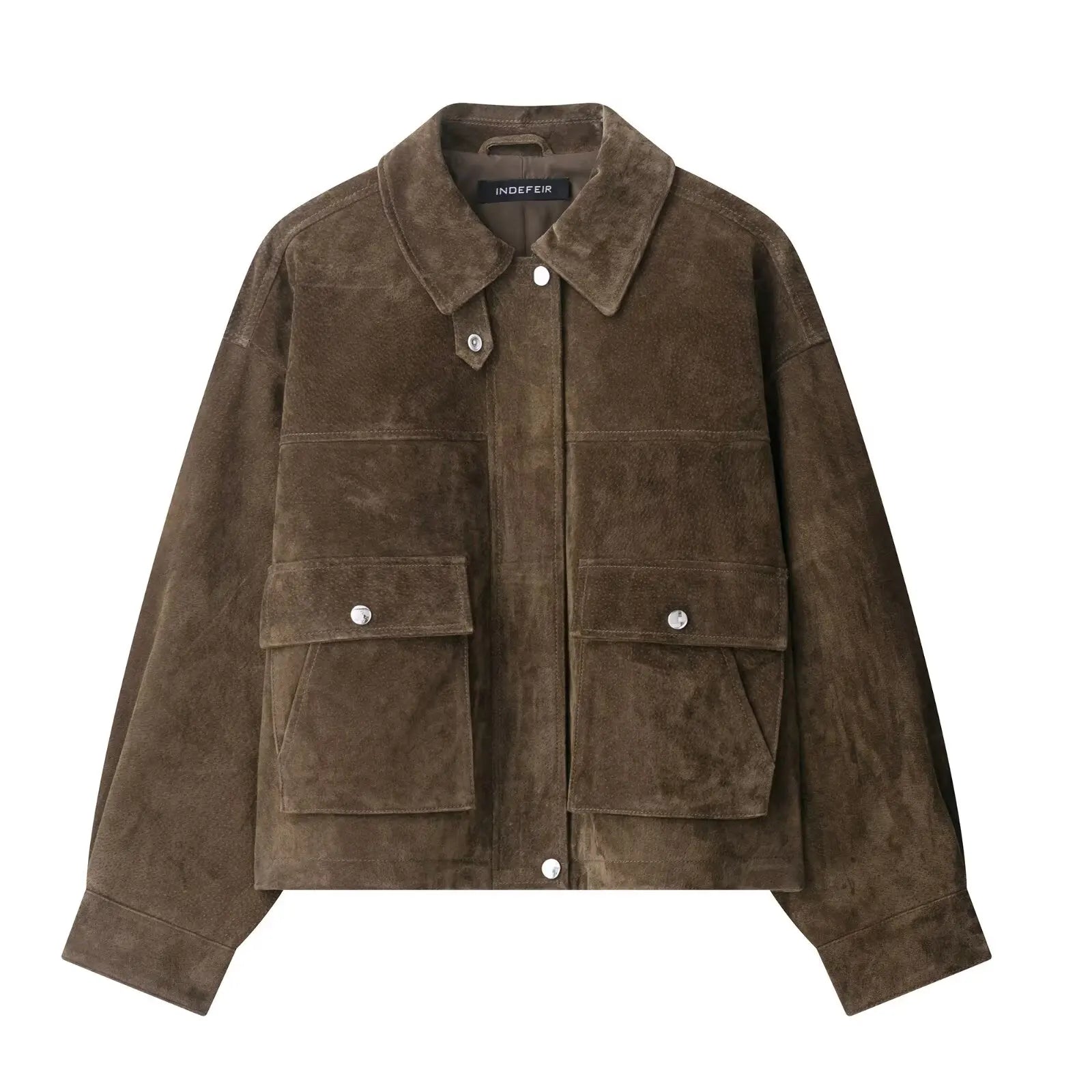 Women's Suede Utility Jacket – Zip Front Turn Down Collar Flap Pocket Casual