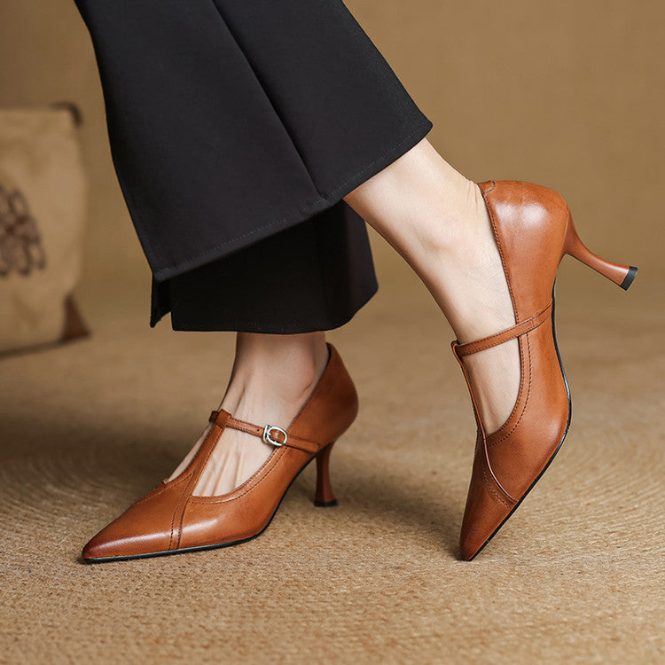 Women's T-Strap Pointed Toe Pumps – Kitten Heel Buckle Office Work Shoes