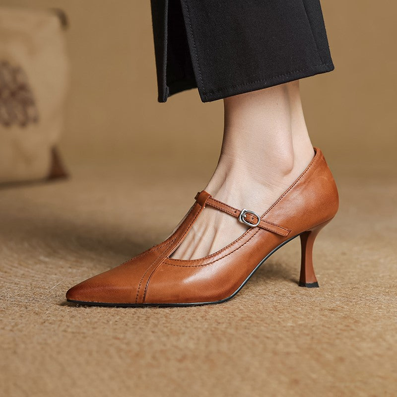 Women's T-Strap Pointed Toe Pumps – Kitten Heel Buckle Office Work Shoes