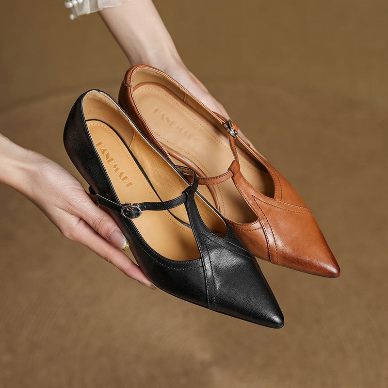 Women's T-Strap Pointed Toe Pumps – Kitten Heel Buckle Office Work Shoes