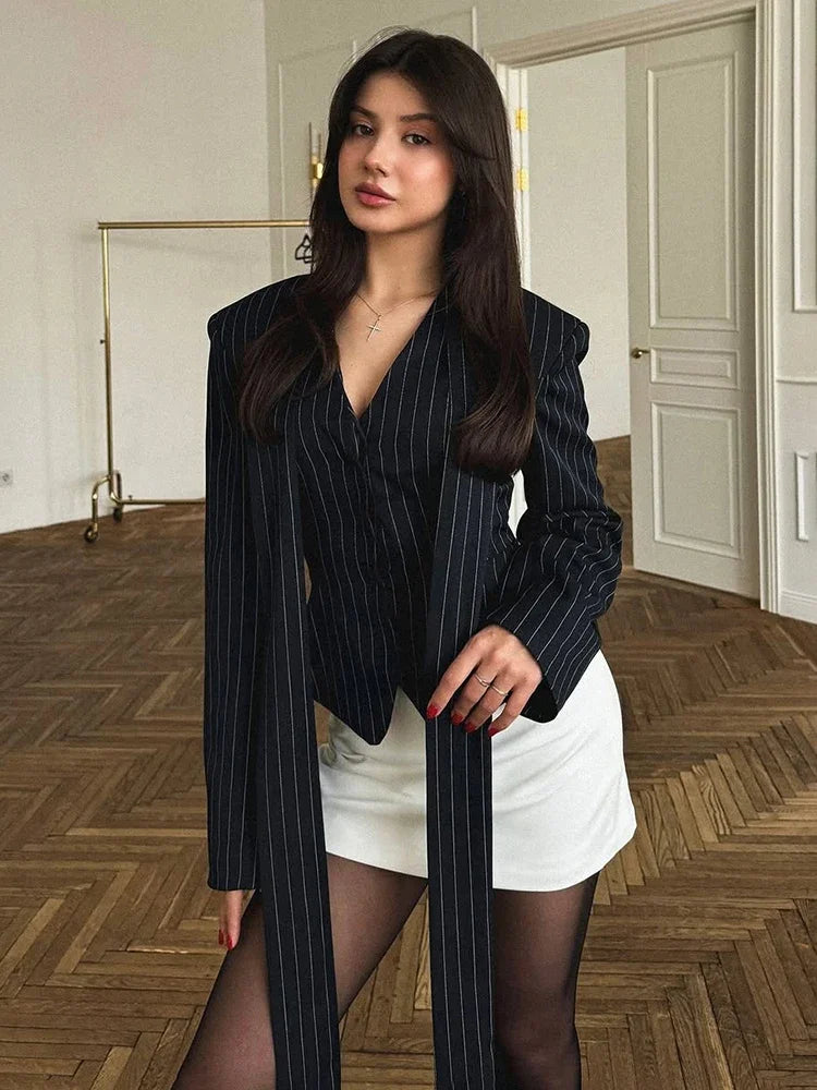 Women's Tailored V-Neck Blazer – Tie Front Long Sleeve Work Office Jacket