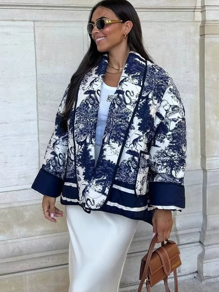 Women's Toile Scenic Print Jacket – Open Front Long Sleeve Contrast Trim