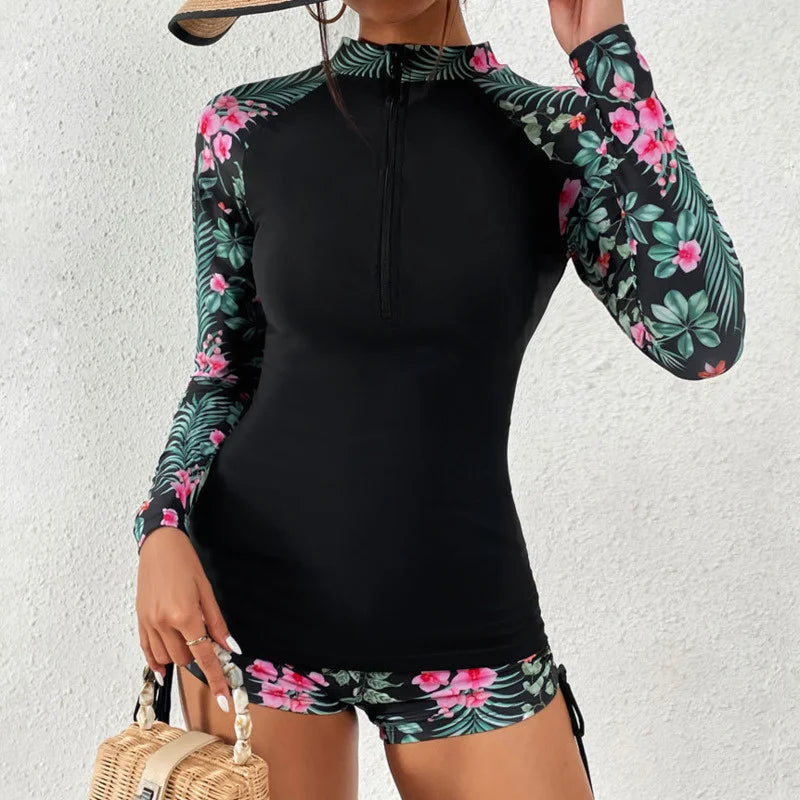 Women's Tropical Floral Two Piece Swimsuit – Long Sleeve Half Zip Rash Guard