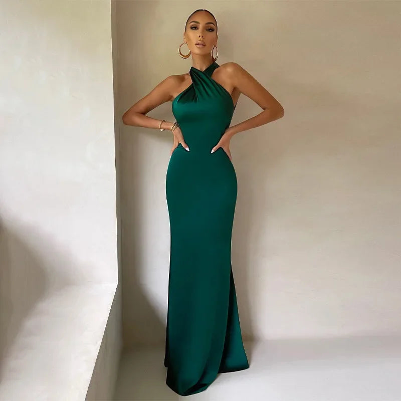 Women's Twist Neck Maxi – Sleeveless Open Back Mermaid Wedding Guest Dress