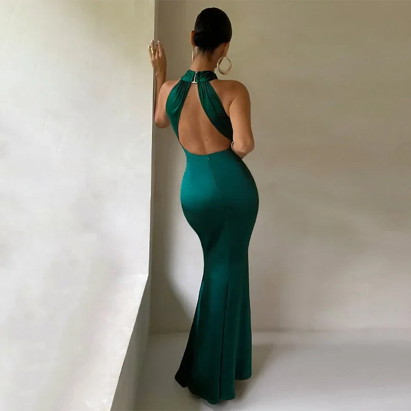 Women's Twist Neck Maxi – Sleeveless Open Back Mermaid Wedding Guest Dress