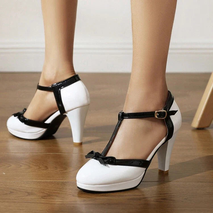 Women's Two-Tone Patent Round Toe Pumps – T-Strap Bow Platform Block Heel