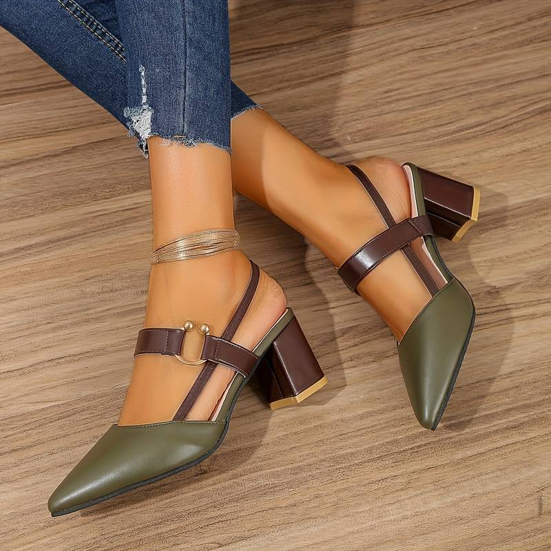 Women's Two-Tone Pointed Toe Slingback Pumps – Block Heel Ring Strap Office