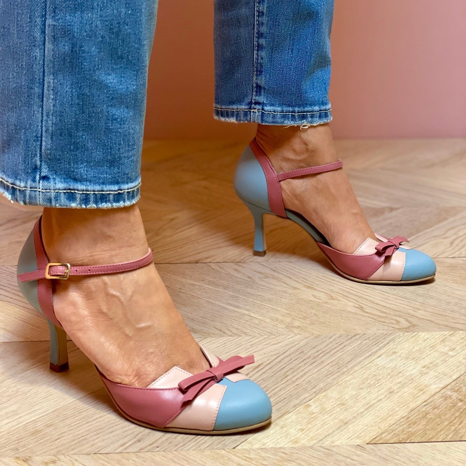 Women's Two-Tone Round Toe Heels – Bow Ankle Strap Buckle Wedding Party