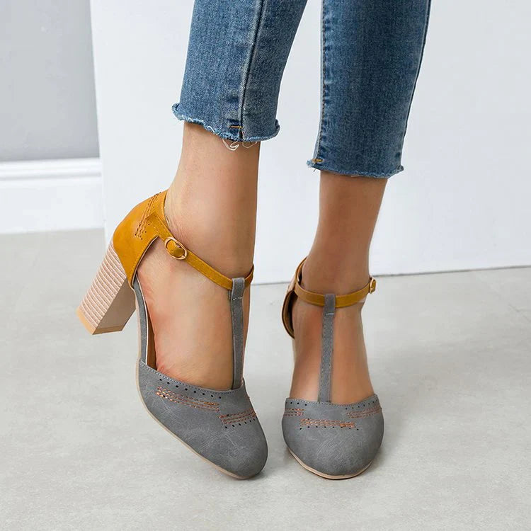 Women's Two-Tone Round Toe Pumps – T-Strap Block Heel Perforated Office