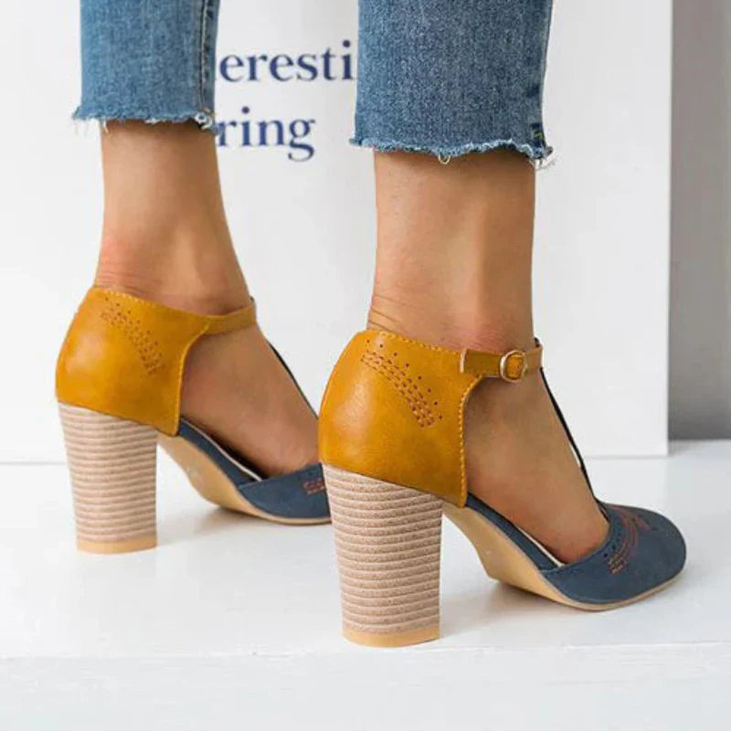 Women's Two-Tone Round Toe Pumps – T-Strap Block Heel Perforated Office