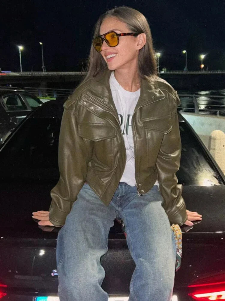 Women's Utility Cropped Jacket – Zip Front Patch Pocket Oversized Streetwear