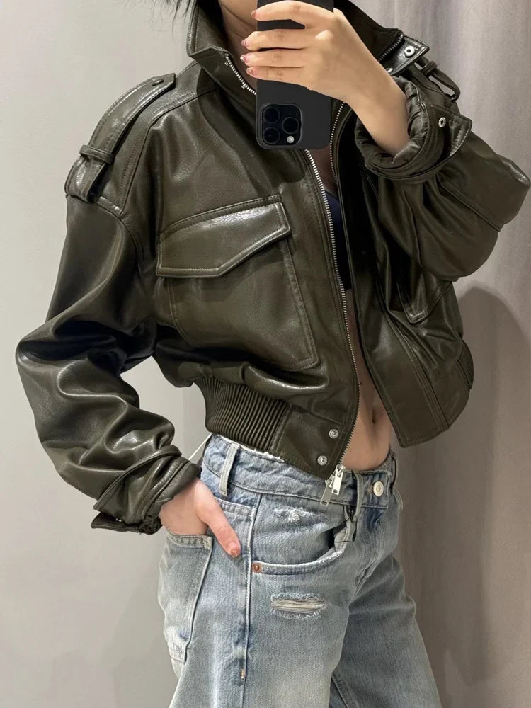 Women's Utility Cropped Jacket – Zip Front Patch Pocket Oversized Streetwear
