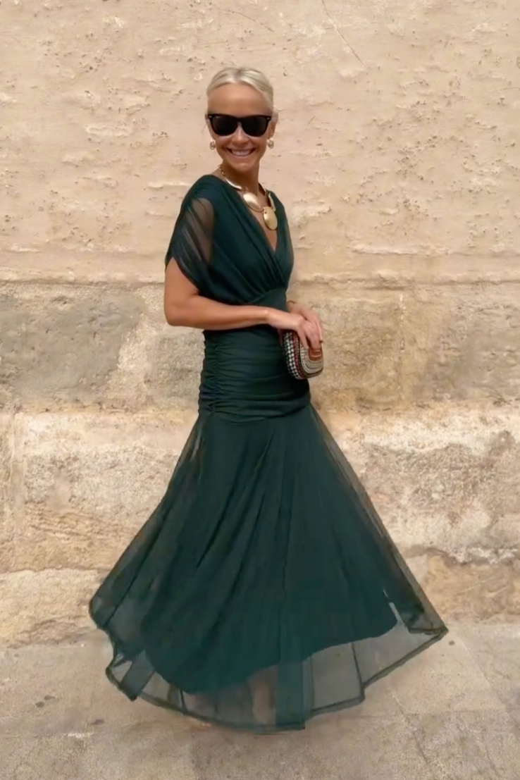 Women's V Neck Maxi Dress – Sheer Sleeve Ruched Waist Wedding Guest