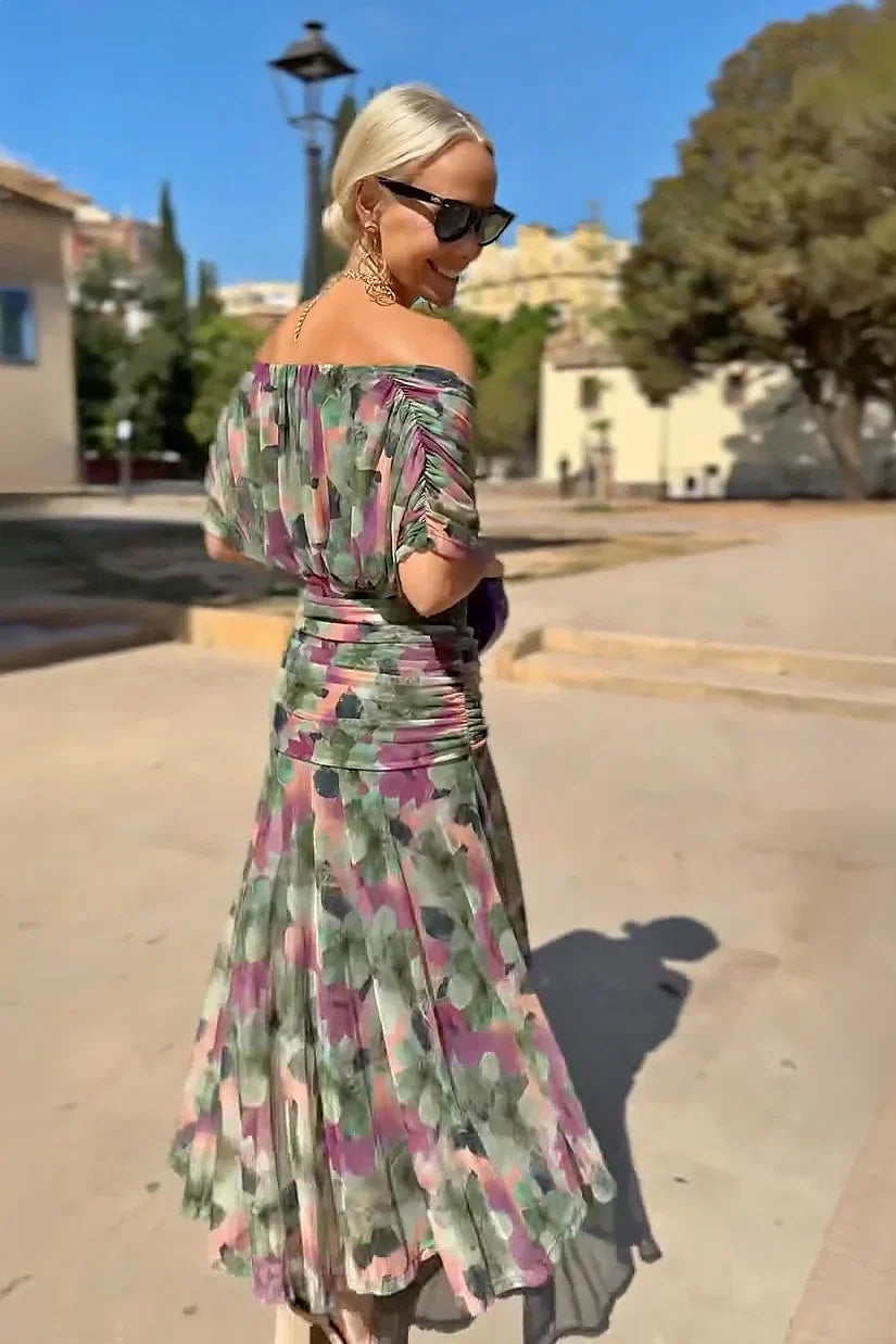 Women's V Neck Maxi Dress – Sheer Sleeve Ruched Waist Wedding Guest