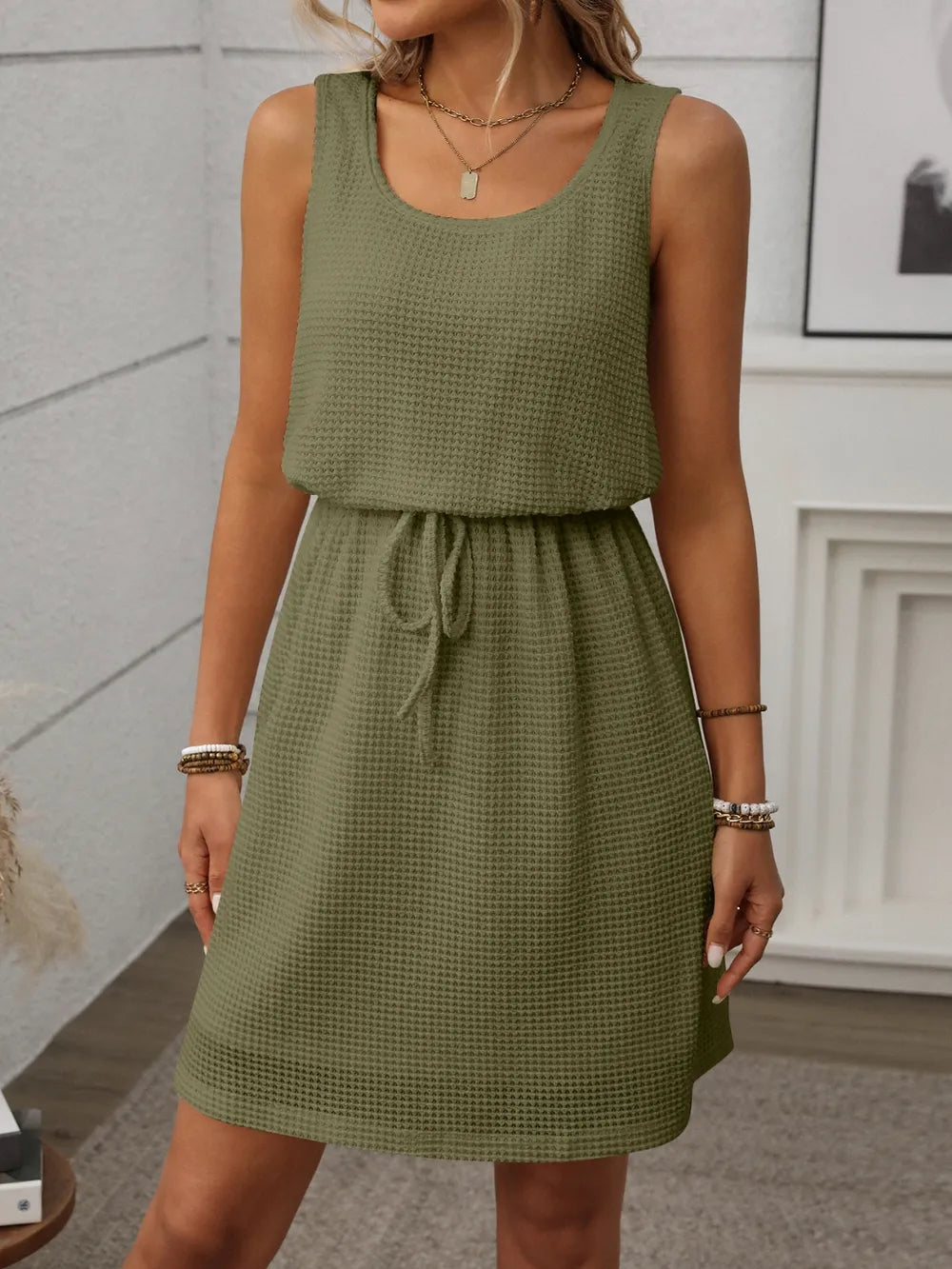 Women's Waffle Knit Mini Dress – Sleeveless Scoop Neck Drawstring Waist