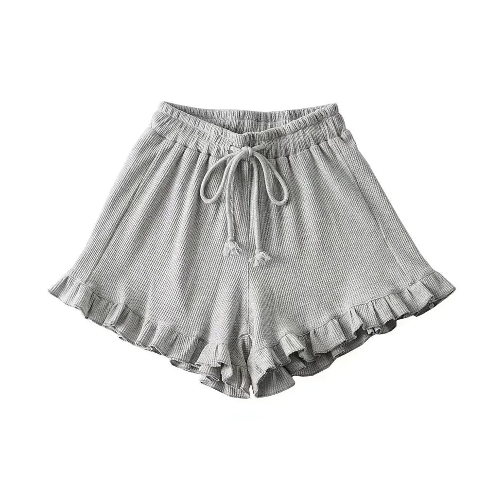 Women's Waffle Knit Shorts – Drawstring Pull On Ruffle Hem Lounge Casual
