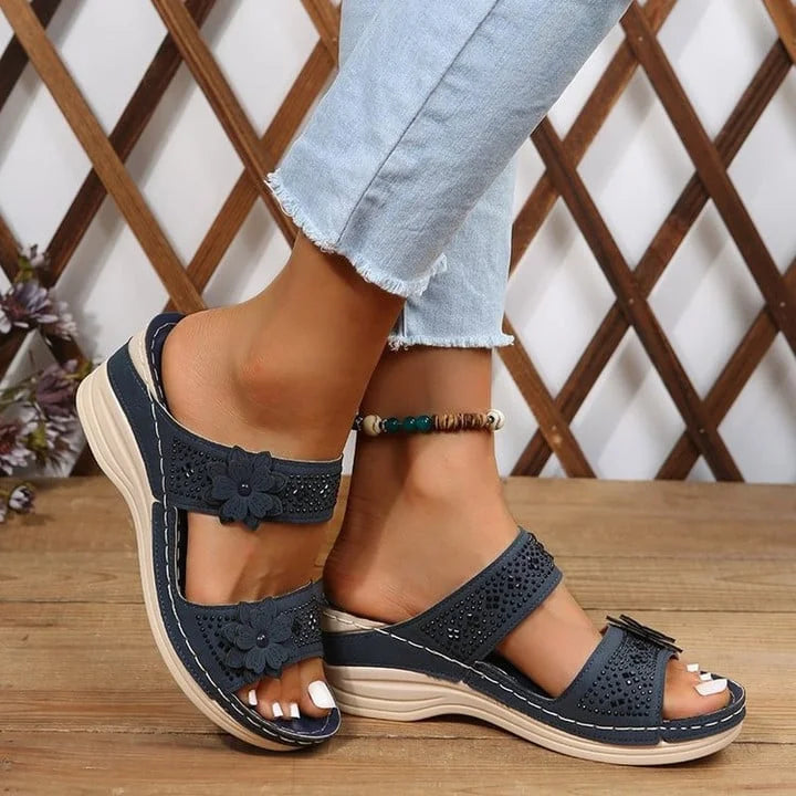 Women's Wedge Slide Sandals – Floral Embellished Double Strap Open Toe Summer