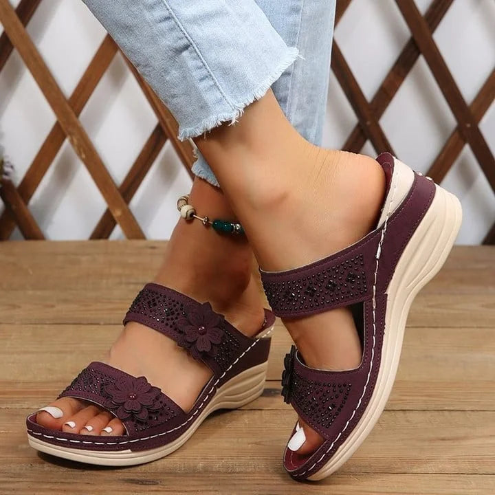 Women's Wedge Slide Sandals – Floral Embellished Double Strap Open Toe Summer