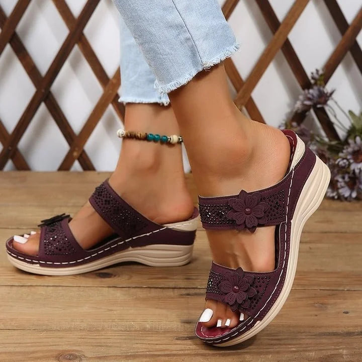 Women's Wedge Slide Sandals – Floral Embellished Double Strap Open Toe Summer