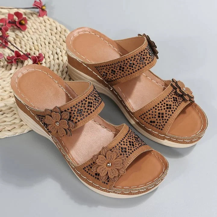Women's Wedge Slide Sandals – Floral Embellished Double Strap Open Toe Summer