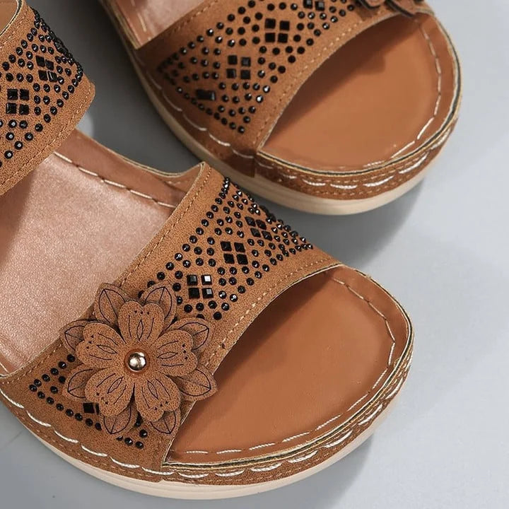 Women's Wedge Slide Sandals – Floral Embellished Double Strap Open Toe Summer