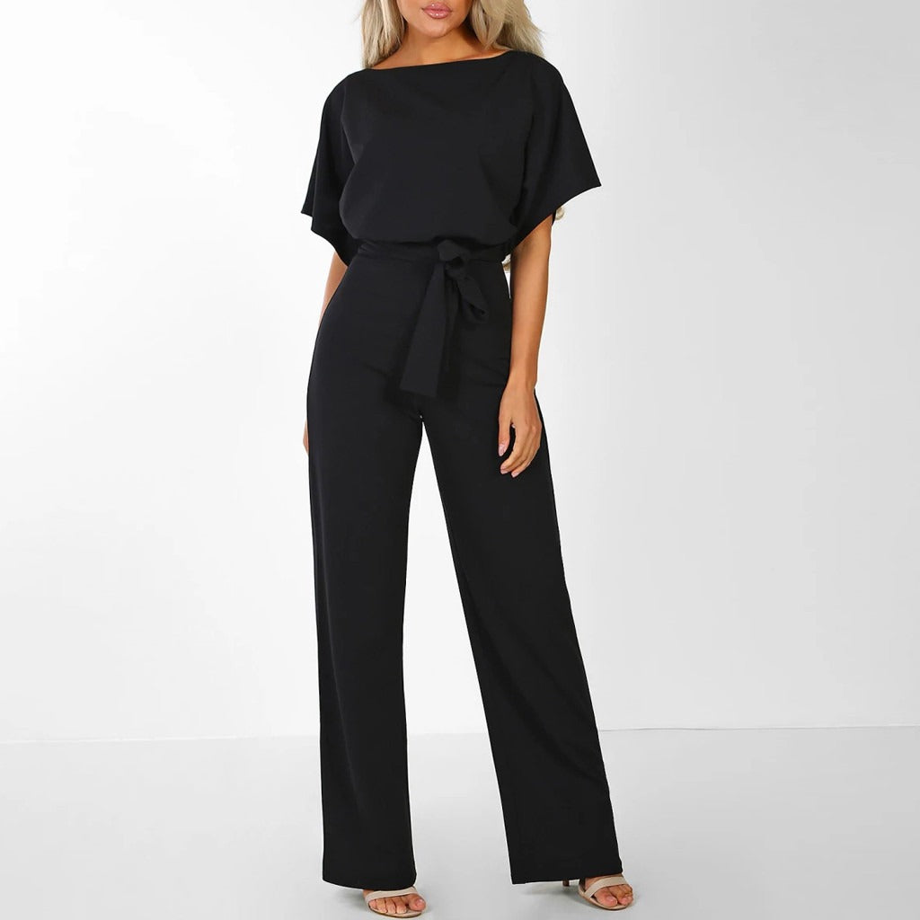 Women's Wide Leg Belted Jumpsuit – Bateau Neck Batwing Sleeve Smart Casual