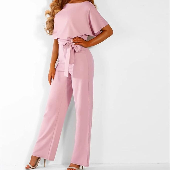 Women's Wide Leg Belted Jumpsuit – Bateau Neck Batwing Sleeve Smart Casual