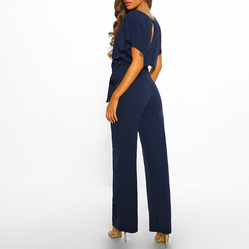 Women's Wide Leg Belted Jumpsuit – Bateau Neck Batwing Sleeve Smart Casual