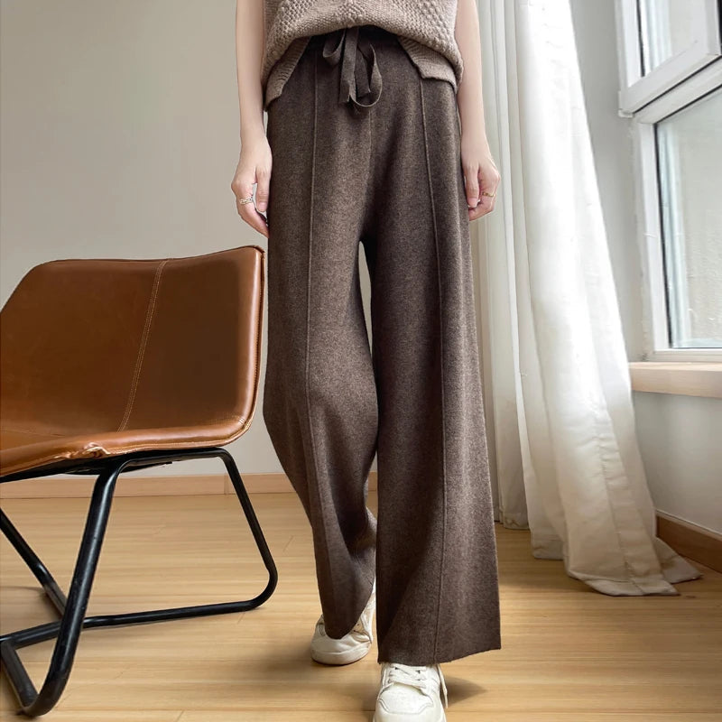 Women's Wide Leg Lounge Pants – Drawstring Waist Front Pleat Casual Winter