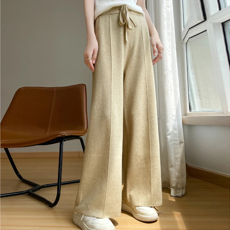 Women's Wide Leg Lounge Pants – Drawstring Waist Front Pleat Casual Winter