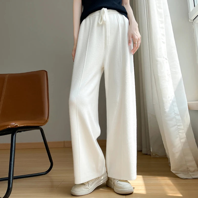 Women's Wide Leg Lounge Pants – Drawstring Waist Front Pleat Casual Winter