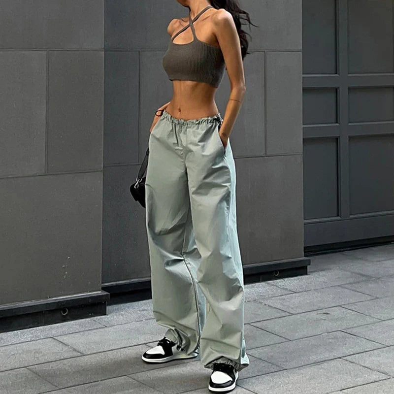 Women's Wide Leg Parachute Pants – Low Rise Drawstring Casual Street