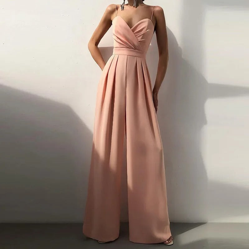 Women's Wide Leg Spaghetti Strap Jumpsuit – Wrap V Neck Pleated Wedding Guest