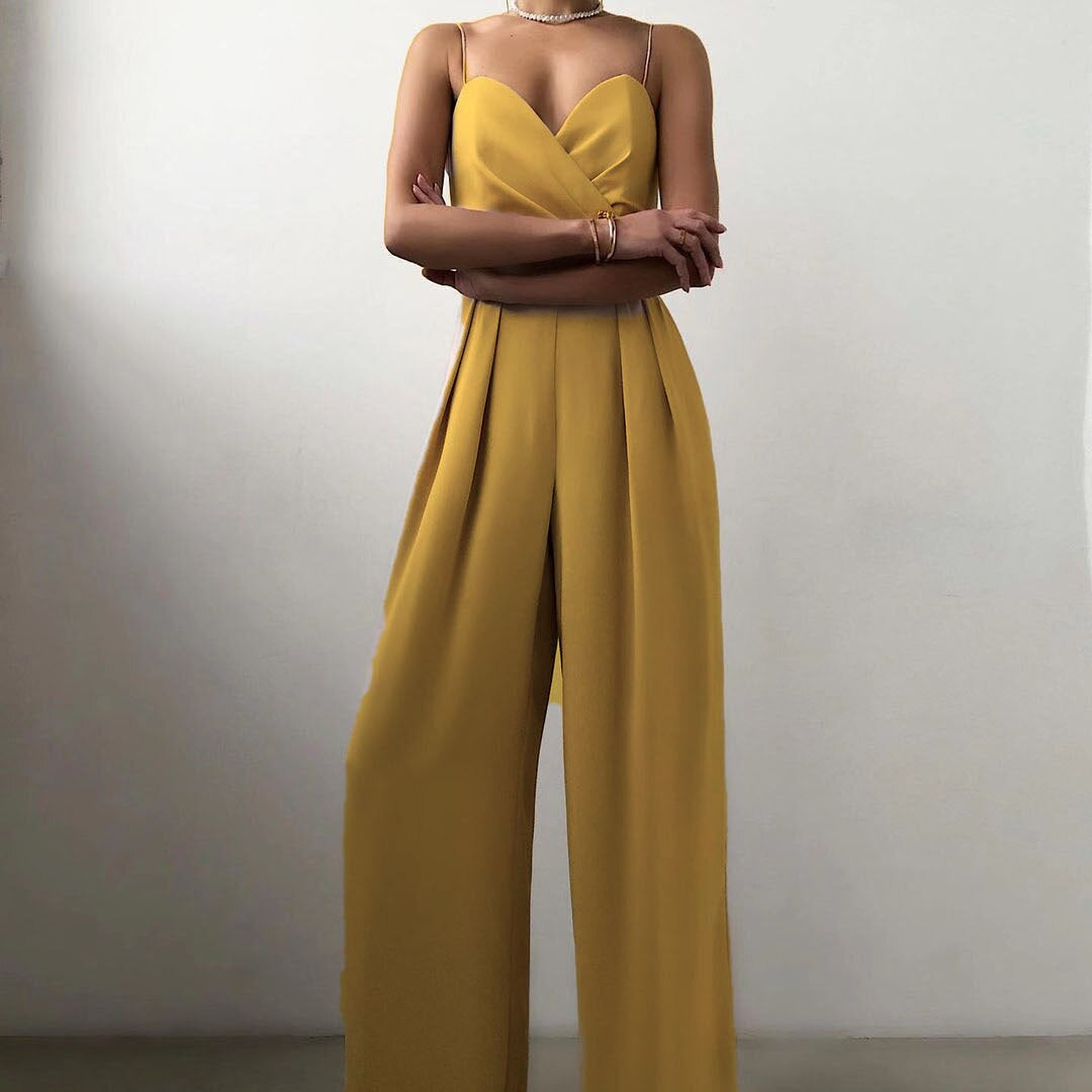 Women's Wide Leg Spaghetti Strap Jumpsuit – Wrap V Neck Pleated Wedding Guest