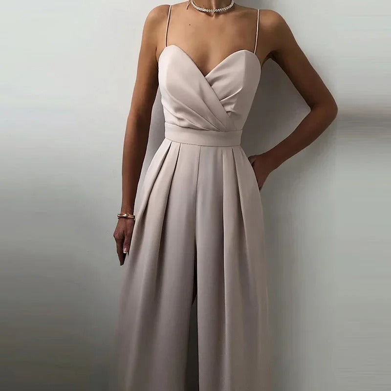 Women's Wide Leg Spaghetti Strap Jumpsuit – Wrap V Neck Pleated Wedding Guest