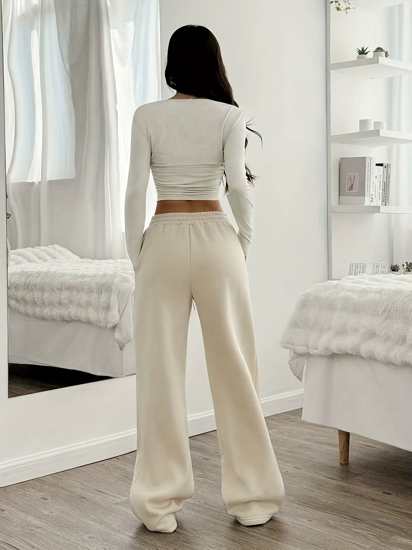 Women's Wide Leg Sweatpants – Low Rise Drawstring Open Hem Lounge Casual