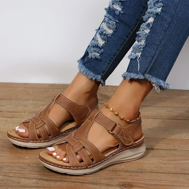 Women's Woven Open Toe Flat Sandals – Multi Strap Hook and Loop Summer