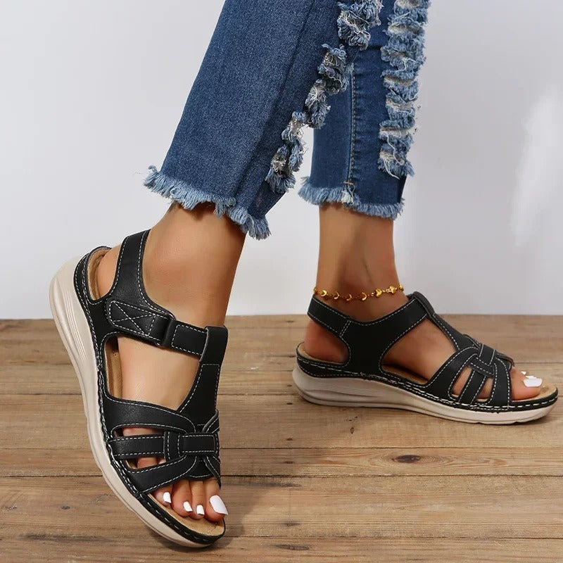 Women's Woven Open Toe Flat Sandals – Multi Strap Hook and Loop Summer