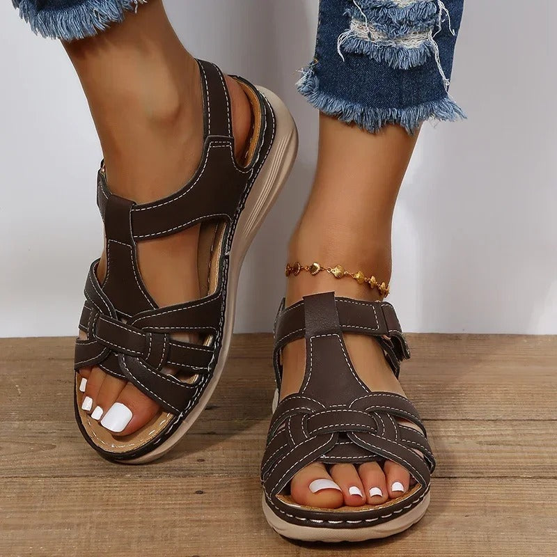 Women's Woven Open Toe Flat Sandals – Multi Strap Hook and Loop Summer
