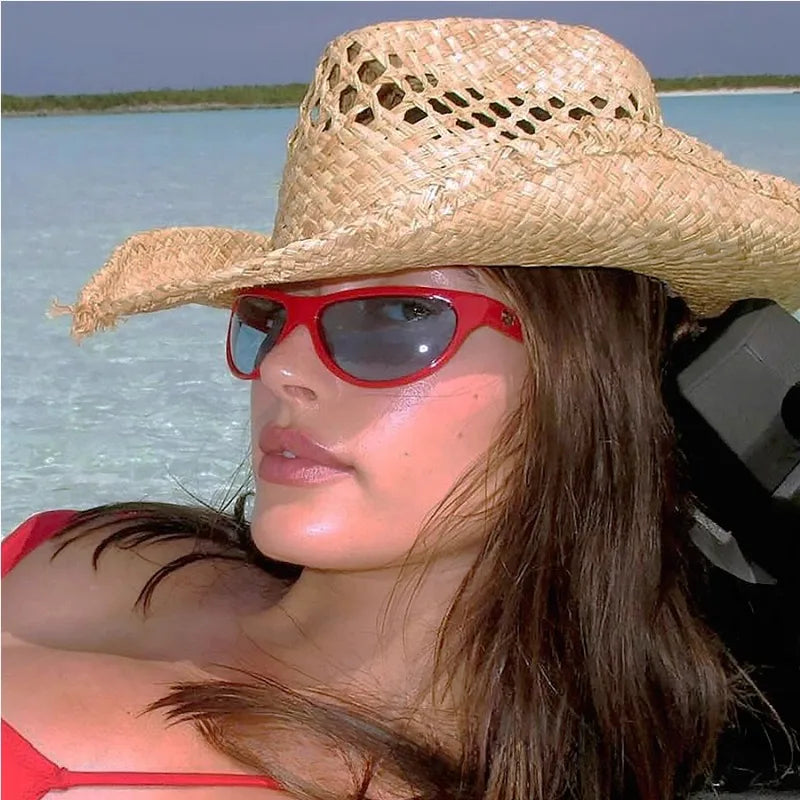 Women's Woven Raffia Straw Cowboy Hat – Wide Brim Fringed Edge Summer