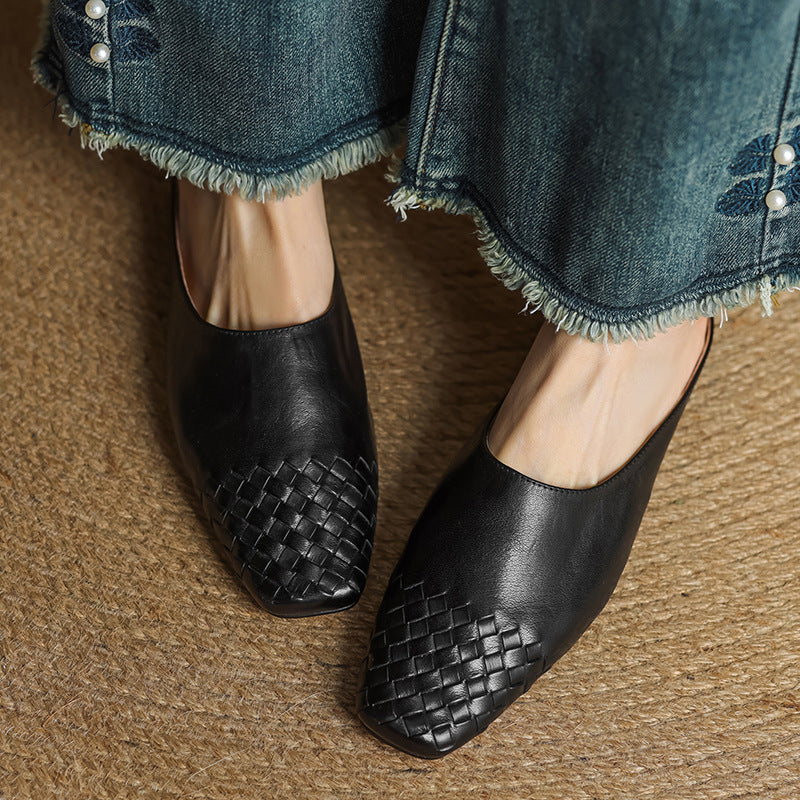 Women's Woven Square Toe Mule Shoes – Flat Block Heel Slip On Casual