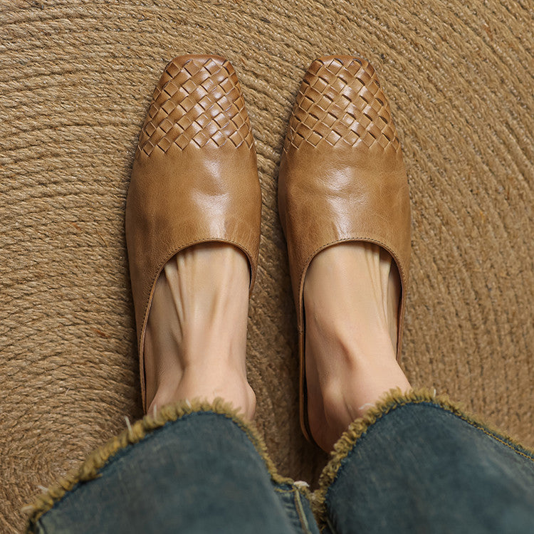 Women's Woven Square Toe Mule Shoes – Flat Block Heel Slip On Casual