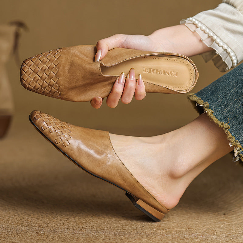 Women's Woven Square Toe Mule Shoes – Flat Block Heel Slip On Casual